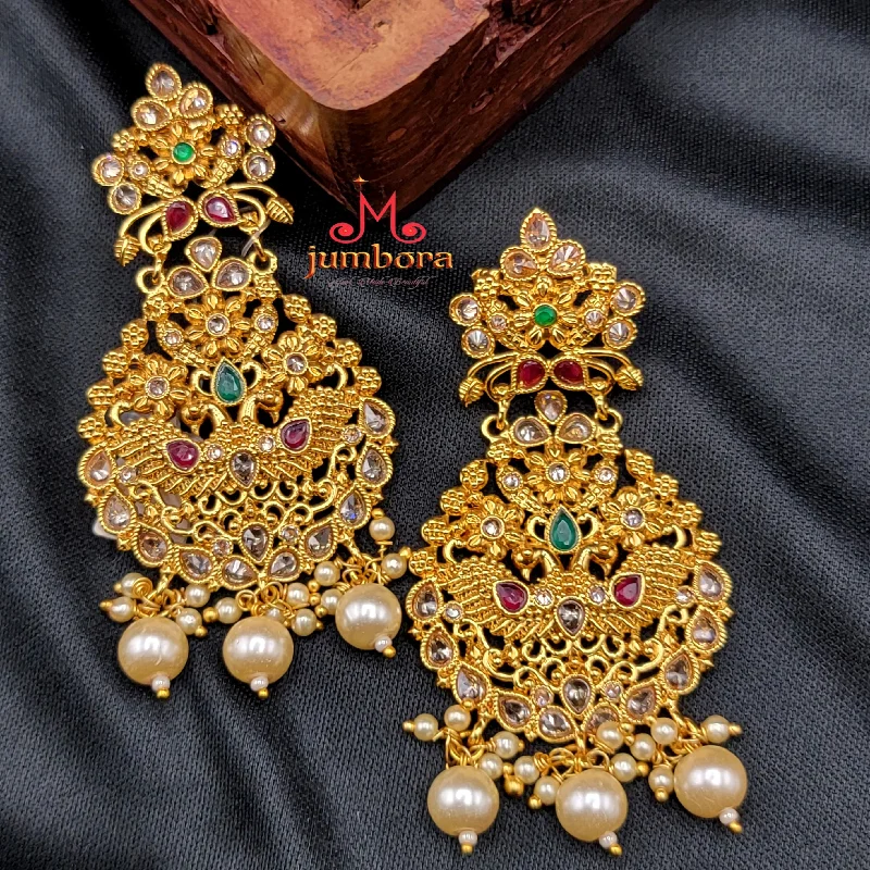 unique earrings for women -adjustable necklaces for women -Antique Gold Long Peacock Polki LCD Earring