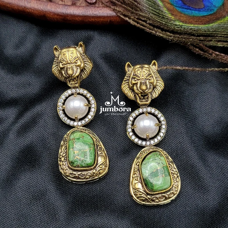 fashion earrings for women -long necklaces for women -Sabyasachi Inspired MOP (Mother of Pearl) Green AD Zircon Victorian Earring