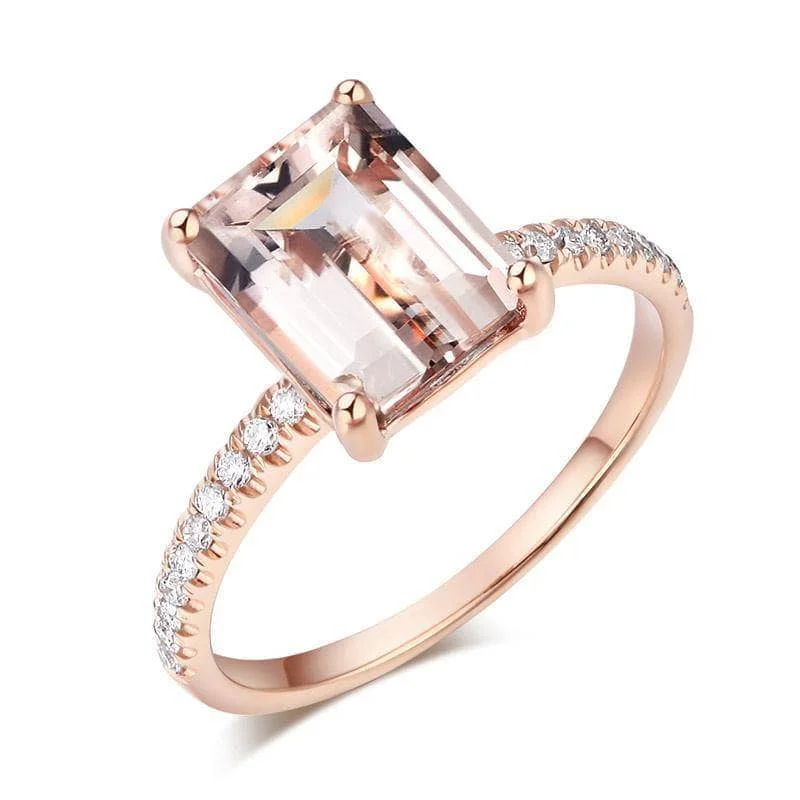 alternative gemstone engagement rings -designer name necklaces for women -14K Rose Emerald Cut 2.8ct Peach Morganite 0.16 Ct Natural Diamond Ring