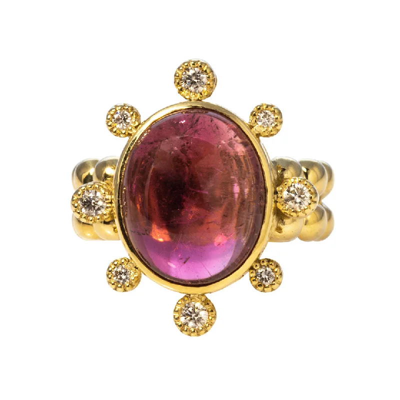 women’s engagement rings -wedding necklaces for women -Cabochon Pink Tourmaline & Diamond 14K Yellow Gold Ring