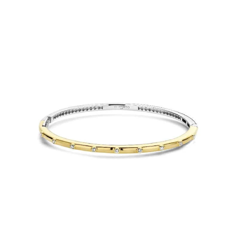 adjustable gold bracelets -personalized engraving necklaces for women -Women's Bezel Two-Tone Bangle In Gold/silver