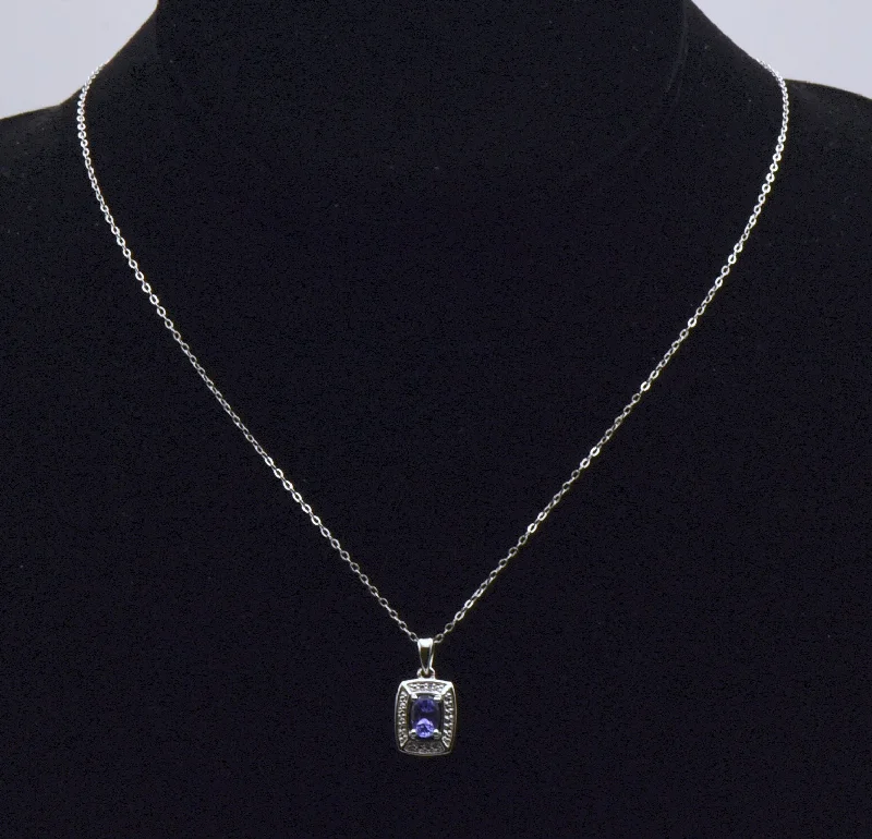 diamond necklaces for women -diamond necklaces for women -Vintage Tanzanite and Diamond Sterling Silver Pendant Necklace NOS - 17.5"