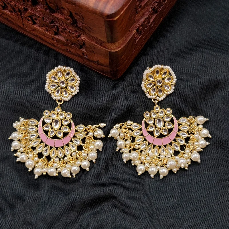 women’s earrings -women’s necklaces -Light Pink Handpainted Kundan Meenakari Pearl Earrings