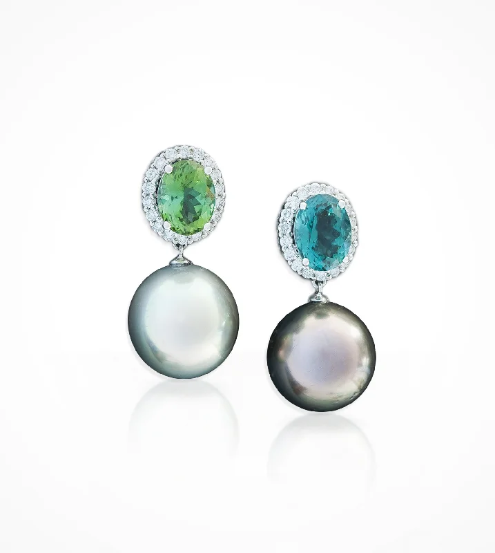 custom hoop earrings for women -high-end necklaces for women -ER00528-18KW Green Tourmaline,-Diamonds & 14-15mm-pearl Earrings.  SOLD