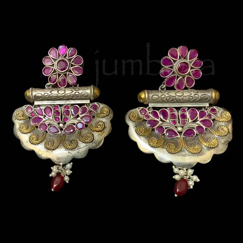 diamond earrings for women -gold necklaces for women -Dual Tone Oxidized German Silver Ruby Red Earring