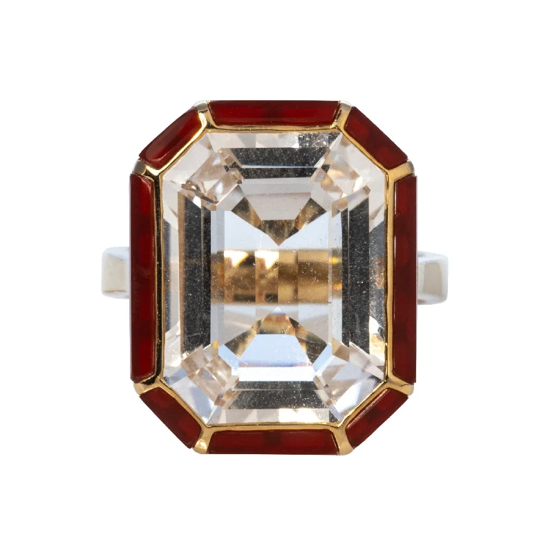 women’s rings with diamonds -celestial necklaces for women -Goshwara Emerald-Cut Rock Crystal & Red Agate 18K Gold Ring