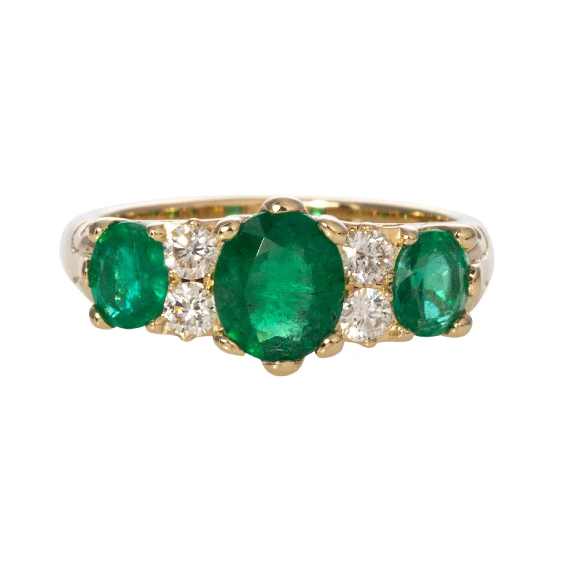 anniversary rings for women -double chain necklaces for women -Victorian Style 3-Stone Emerald & Diamond 14K Gold Ring