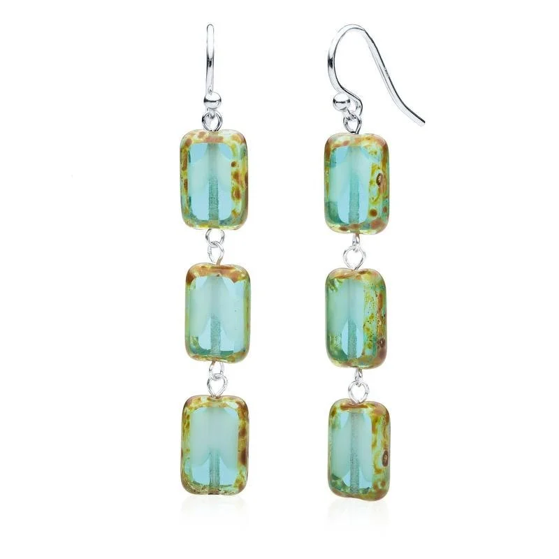 elegant hoop earrings -stylish modern necklaces for women -Aqua Glass Rectangle Beaded Drop Earrings