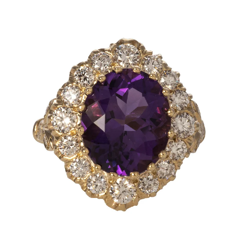 designer rings for women -chunky necklaces for women -4.14ct Amethyst & Diamond Cluster 14K Yellow Gold Ring