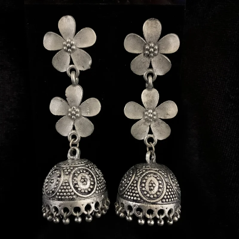 elegant earrings for women -trendy gold necklaces for women -Gorgeous Floral Oxidized Silver Earring with Jhumka