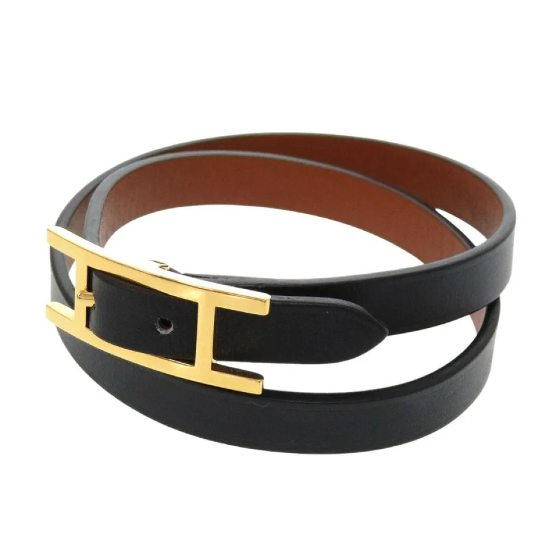 handmade charm bangles -hand-crafted gold necklaces for women -Hermes Fauve Noir Swift Leather Charm Bracelet (Pre-Owned)