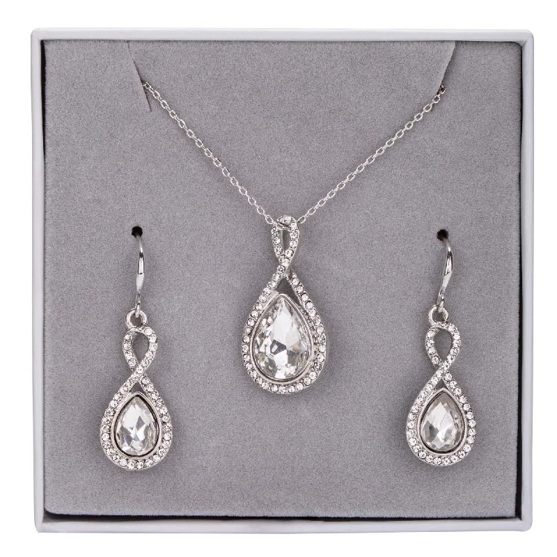 trendy ear climbers for women -sparkling crystal necklaces for women -Cubic Zirconia Infinity Teardrop Pendant Necklace & Earrings Boxed Set In Silver-Tone