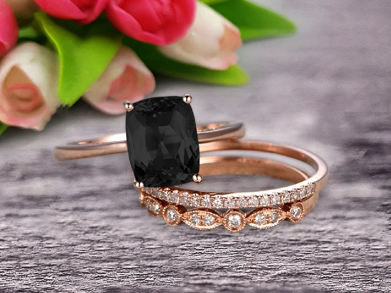 silver diamond engagement rings -vintage gold necklaces for women -Trio Set Art Deco 1.50 Carat Cushion Cut Black Diamond Moissanite Engagement Ring Wedding Set On 10k Rose Gold Shining Startling Ring Anniversary Gift