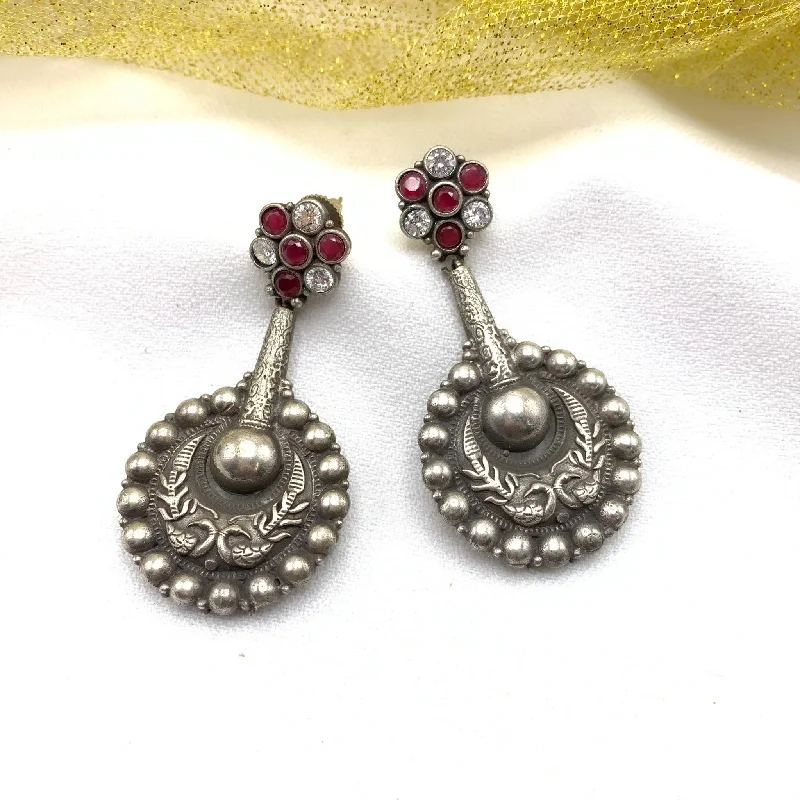 elegant drop earrings for women -bridal shower necklaces for women -Contemporary Oxidized Silver Long Stylish Earring with Ruby red and White stone