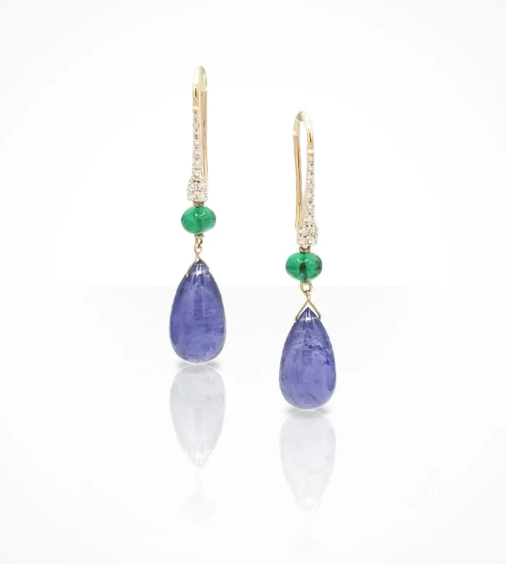 gold drop earrings for women -sterling silver necklaces for women -ER00542 18K pink gold drop earrings, 2Tanzanite =13.44cts, 22Diamonds=0.18 g-si and 2 emerald beads = 1.3cts