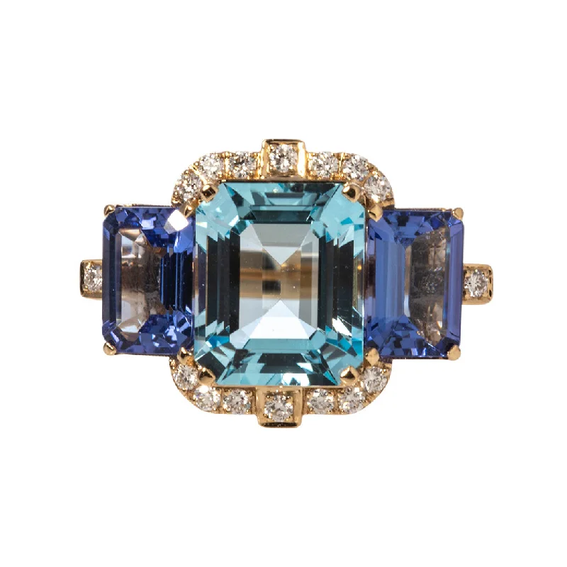 gold promise rings for women -modern necklaces for women -Goshwara 3 Stone Blue Topaz & Tanzanite 18K Gold Ring