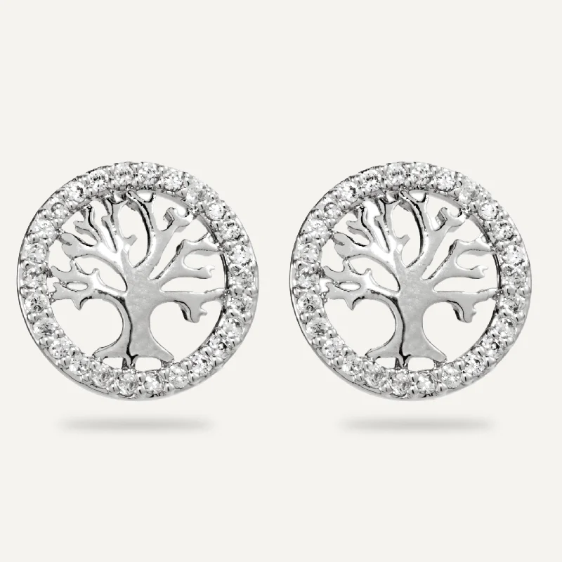 gold hoop earrings for women -minimalist necklaces for women -Keira Cubic Zirconia Tree of Life Stud Earrings In Silver-Tone