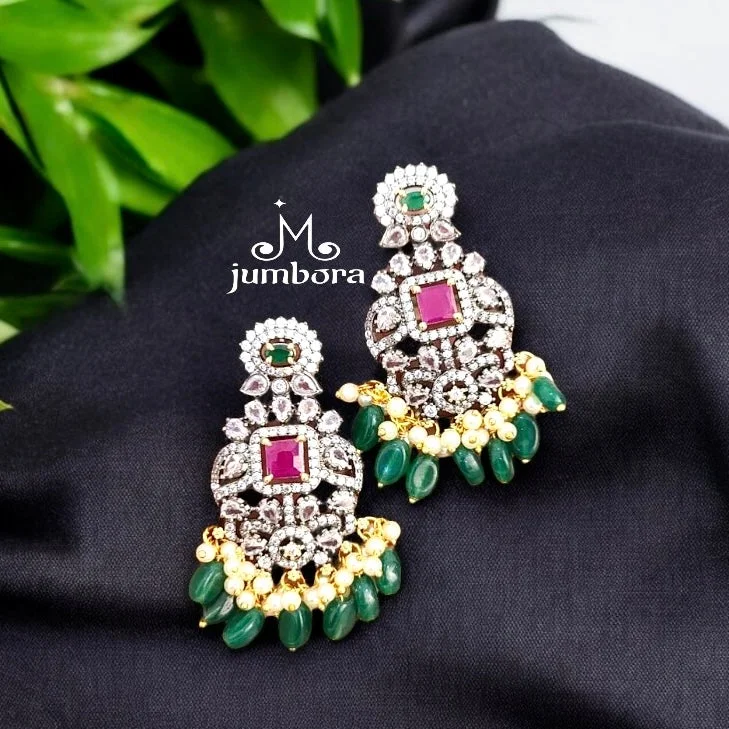 trendy ear climbers for women -sparkling crystal necklaces for women -Ruby Red & White AD Zircon Victorian Earring with Green Monalisa Beads