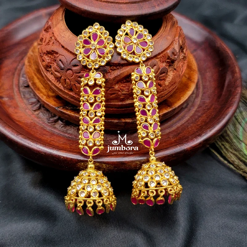 minimalist gold earrings -wedding day necklaces for women -Long Ruby Red & Uncut Diamond Alike Gold AD Zircon (CZ) Jhumka Earring