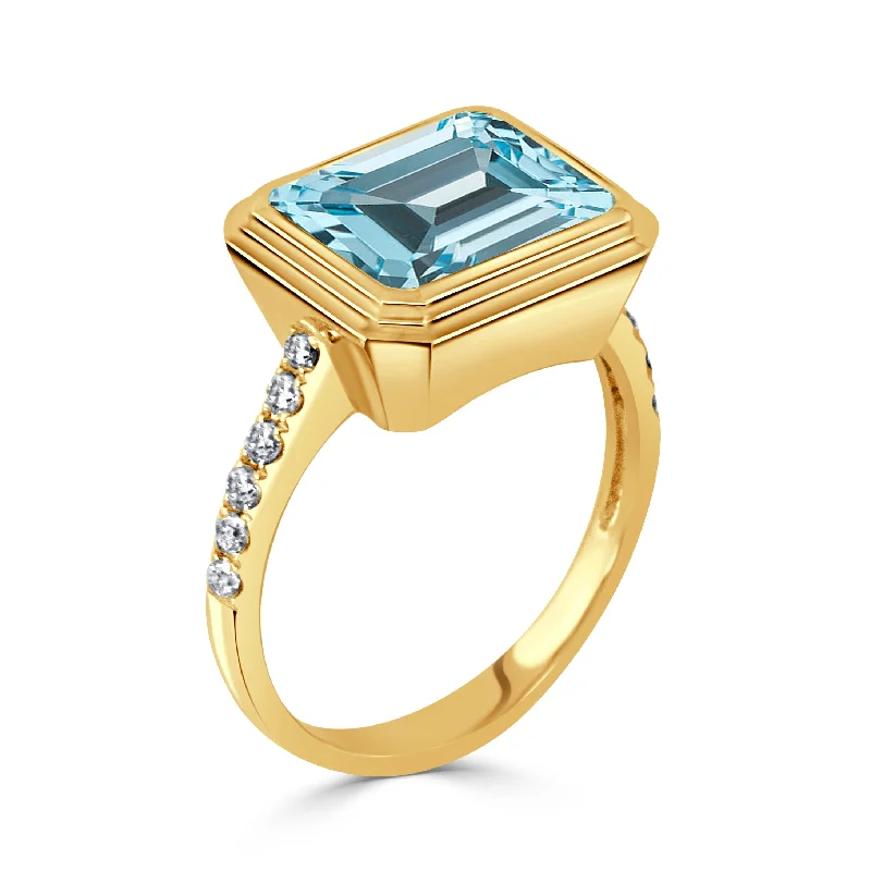 elegant wedding bands for women -delicate crystal necklaces for women -Emerald-Cut Blue Topaz & Diamond 18K Yellow Gold Ring