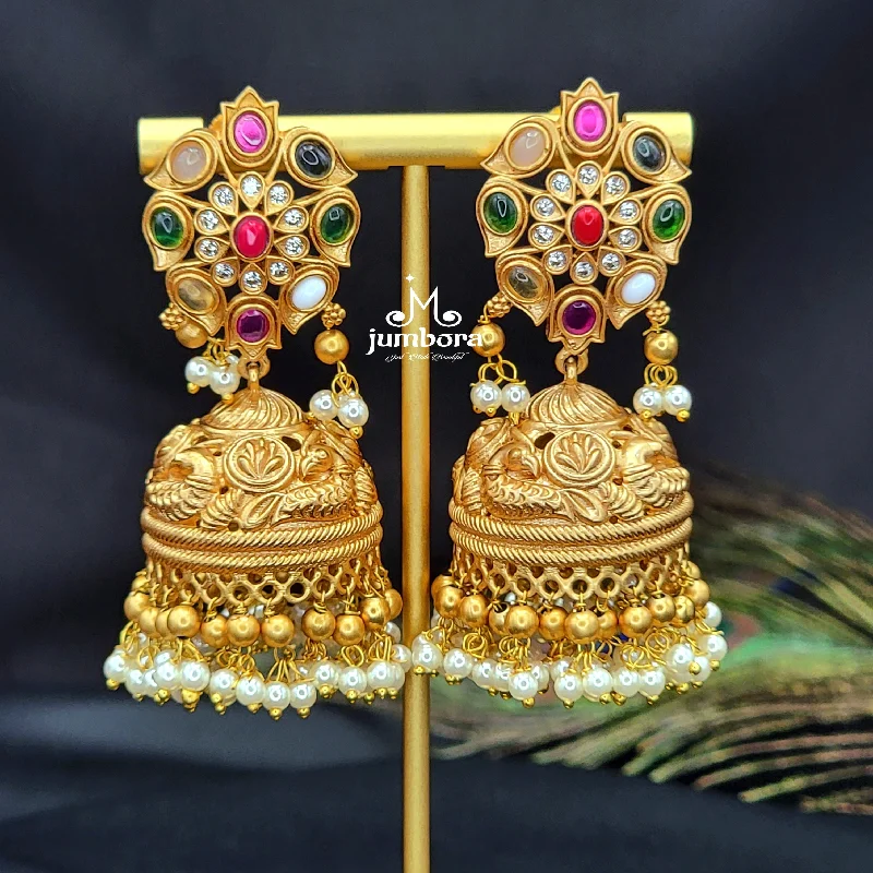 gemstone earrings for women -statement necklaces for women -Premium Navaratna Gold Alike Big Nakshi Jhumka Earring