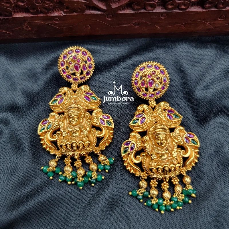 gemstone stud earrings -crystal necklaces for women -Nakshi Lakshmi Gold Alike Earrings in Temple Jewelry