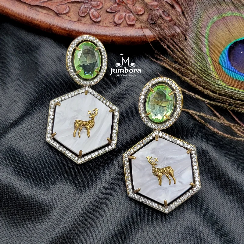 pearl earrings for women -fashion necklaces for women -Sabyasachi Inspired MOP (Mother of Pearl) Deer & Light Green AD Zircon Victorian Earring