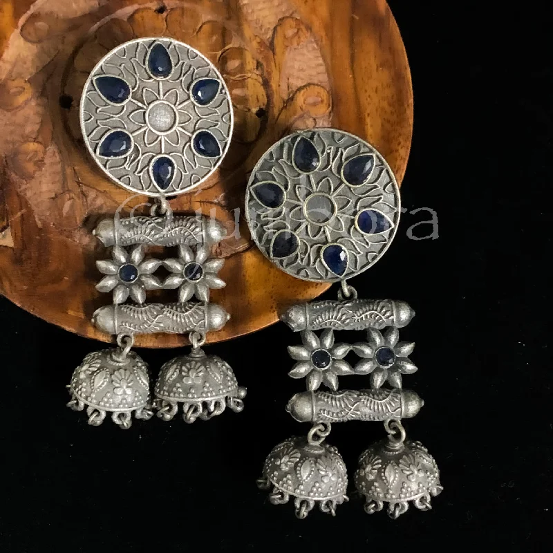 crystal drop earrings -layered chain necklaces for women -Sapphire Blue German Silver Earring with Jhumka