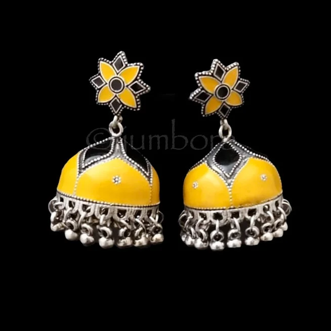 custom earrings for women -pendant necklaces for women -Hand painted Meenakari Oxidized German Silver Jhumka Earrings