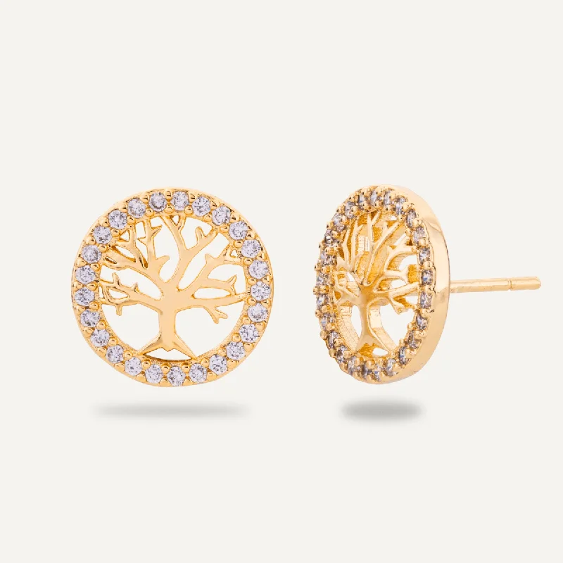 vintage hoop earrings for women -personalized engraving necklaces for women -Keira Cubic Zirconia Tree of Life Stud Earrings In Gold-Tone