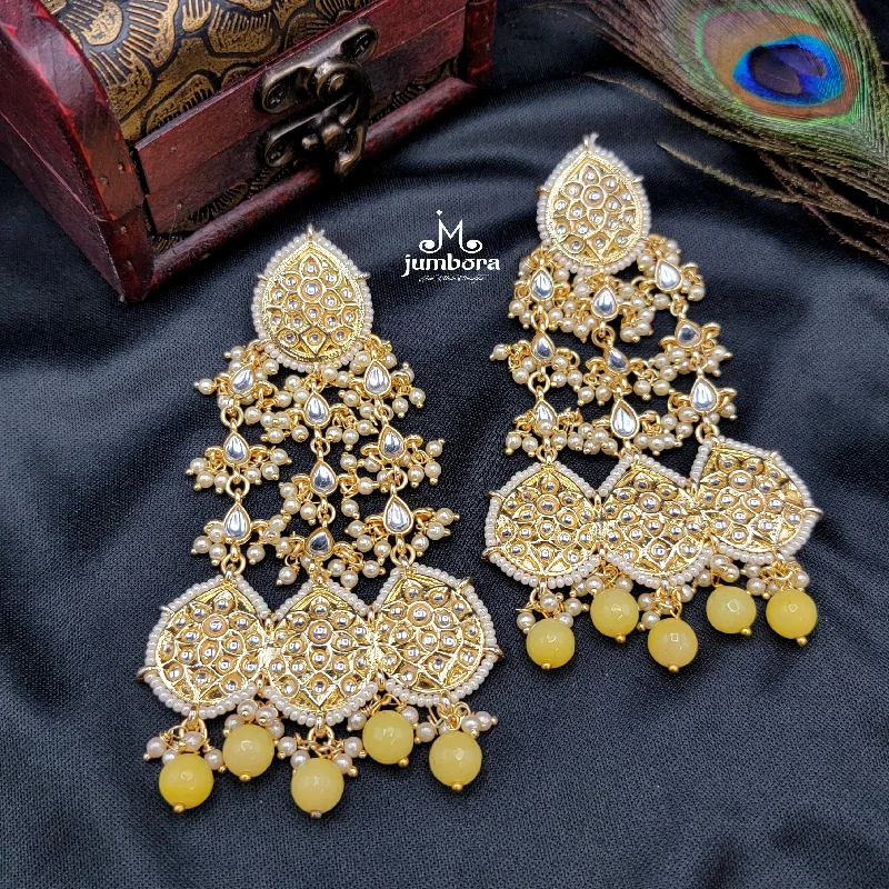 chic earrings for women -gemstone pendant necklaces for women -Statement Chandelier Long Kundan Earrings with Yellow Bead