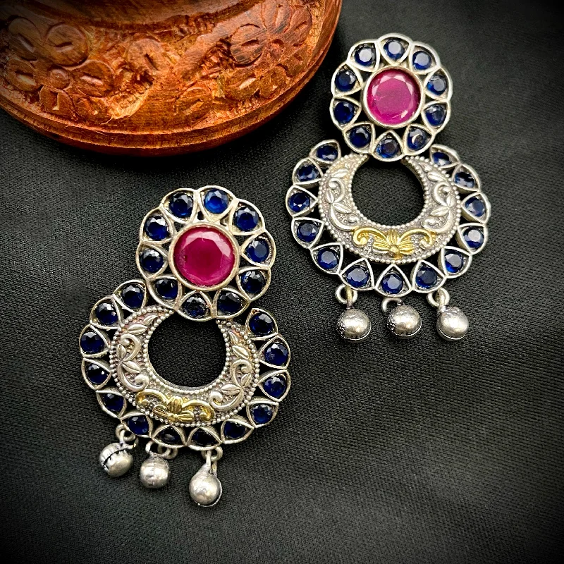 silver earrings with gemstones -diamond heart necklaces for women -Sapphire Blue & Ruby Red German Silver Oxidized Chand-Bali Earring