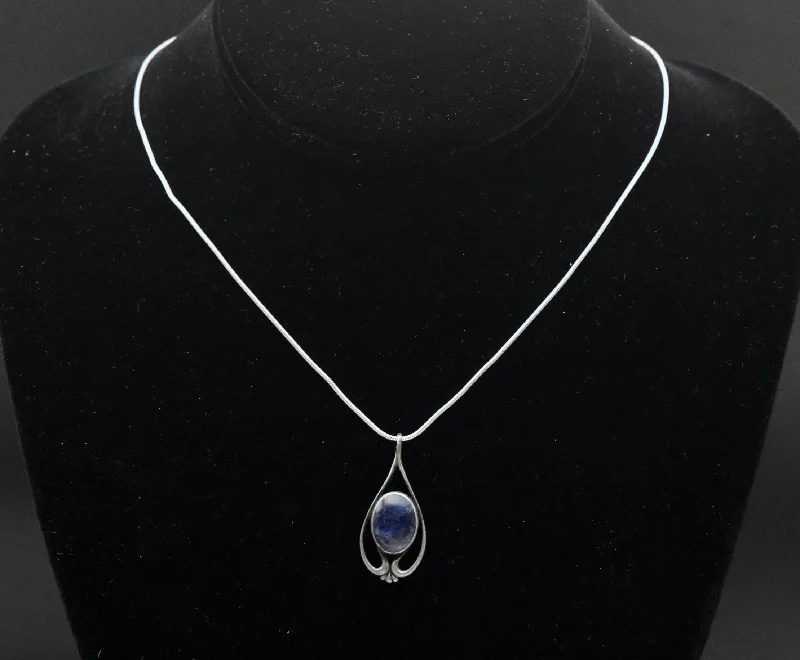 wedding gift necklaces for women -celestial necklaces for women -Vintage Sodalite Sterling Silver Pendant on Sterling Silver Italian Snake Link Chain Necklace - 16"