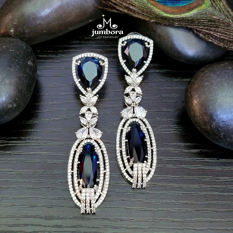 cute earrings for women -luxury pendant necklaces for women -Dark Blue & White Long AD Zircon Earring