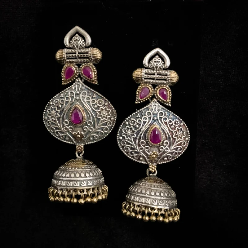 vintage earrings for women -choker necklaces for women -Artisan Dual Tone Premium Quality Oxidized Silver Jhumka Earring with Ruby Red stones