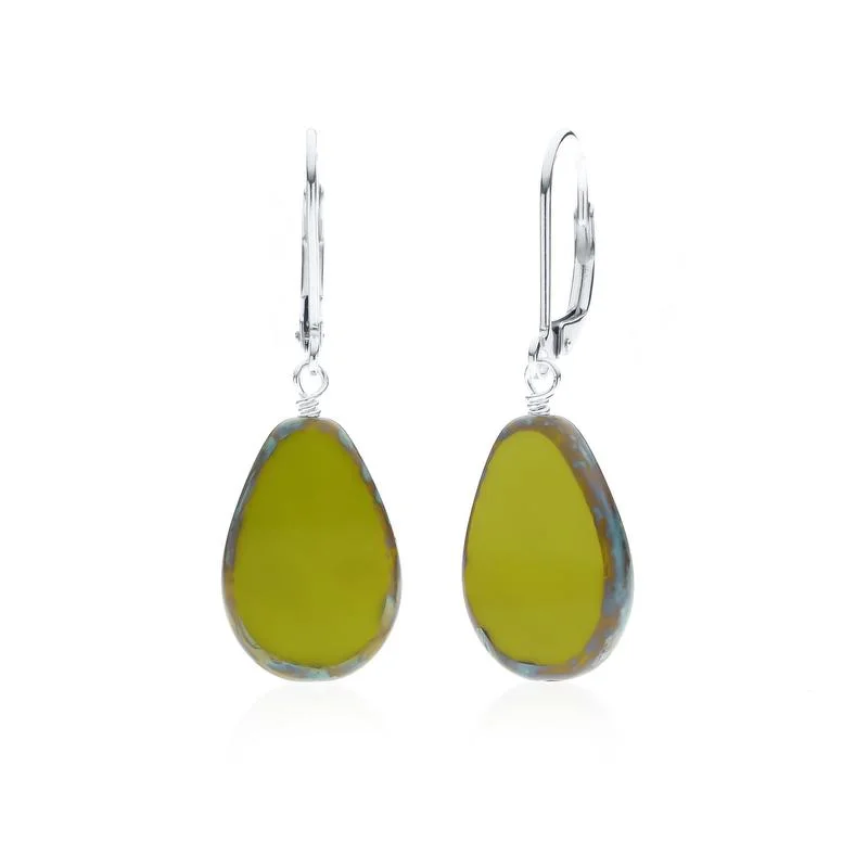 hoop earrings for women -trendy necklaces for women -Avocado Green Glass Beaded Teardrop Earrings