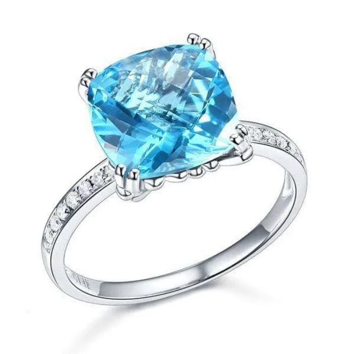 gold engagement rings for women -silver necklaces for women -14K White Gold 4.5ct Cushion Swiss Blue Topaz Natural Diamond