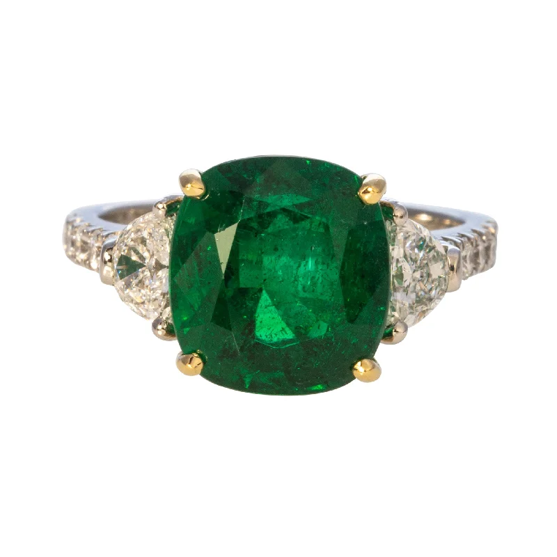 custom-designed rings for women -stylish modern necklaces for women -4.96ct Cushion Emerald & Half-Moon Diamond 18K Gold Platinum Ring