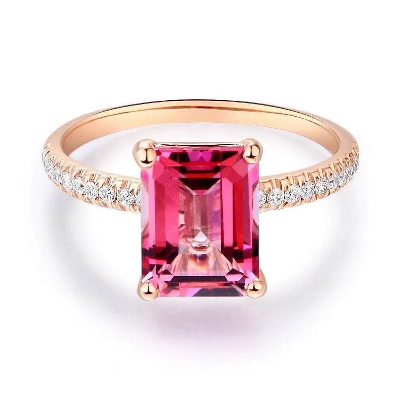 women’s wedding and engagement rings -women’s heart necklaces -14K Rose Gold 2.8ct Pink Topaz 0.16ct Natural Diamond Ring