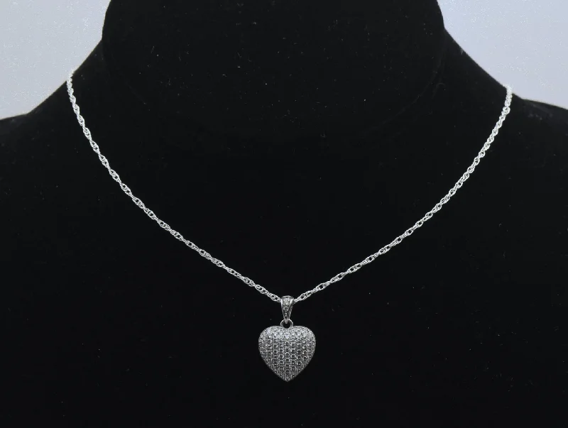 classic diamond necklaces for women -birthday gift necklaces for women -Vintage Pave Set CZ Sterling Silver Heart Pendant Chain Necklace - 18"