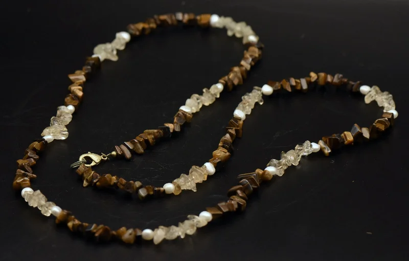 trendy necklaces for women -trendy necklaces for women -Vintage Tiger's Eye, Quartz, and Cultured Pearl Beaded Necklace - 36"