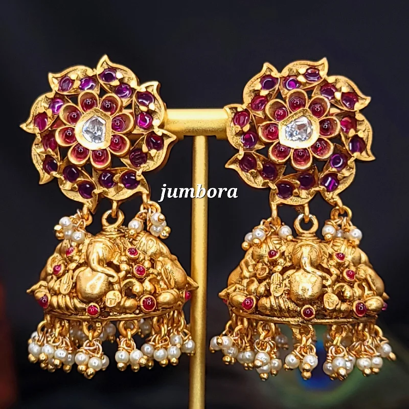 chic gold hoop earrings -women’s pearl pendants -Ganesha Red Gold Big Jhumka Kemp Earring