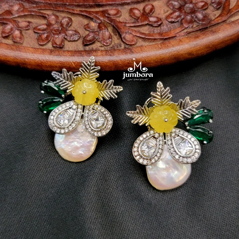 stud earrings for women -diamond necklaces for women -Baroque Pearl Yellow & Green Victorian AD Zircon Stone Earring