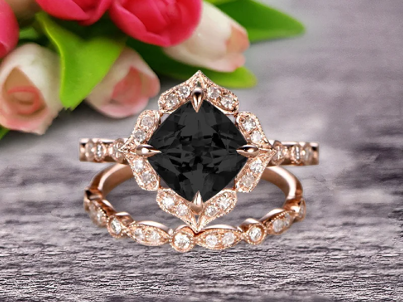 unique sapphire engagement rings -elegant heart-shaped necklaces for women -Milgrain Cushion Cut Black Diamond Moissanite Wedding Set Bridal Set Engagement Ring 10k Rose Gold Vintage Look Glaring Staggering Ring