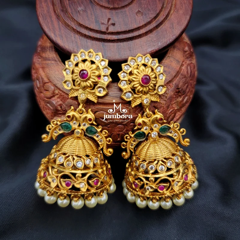 geometric earrings for women -dainty necklaces for women -Antique Gold Matte Peacock Kemp Jhumka Earring