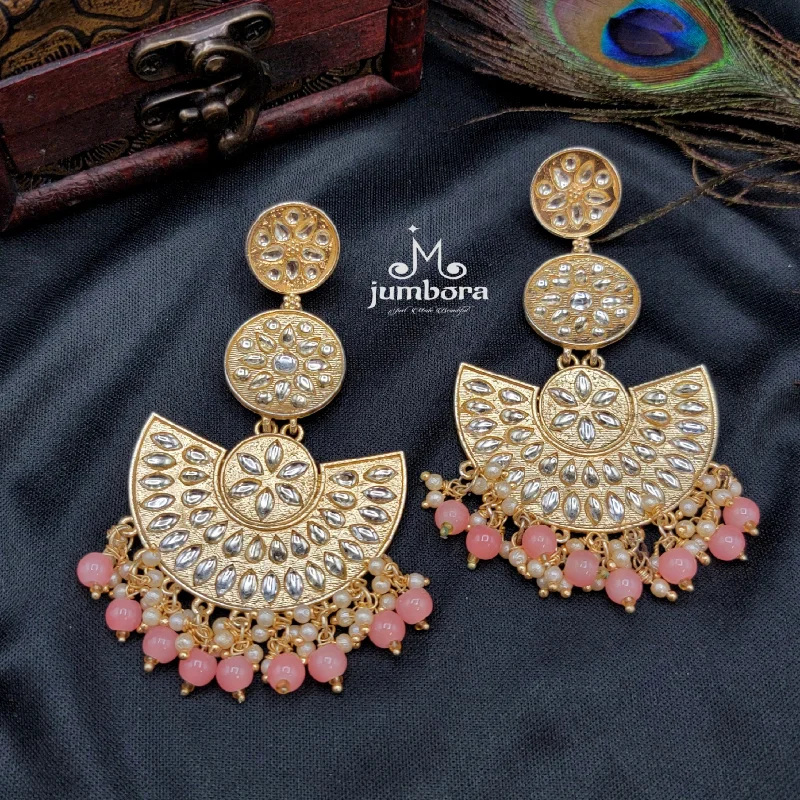 silver dangling earrings -gold pendant necklaces for women -Statement Long Kundan Earring with Peach beads