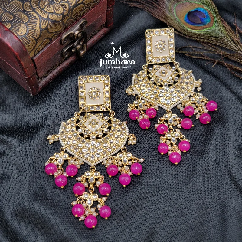 classic diamond earrings -chunky necklaces for women -Statement Long Kundan Earrings with Pink Bead