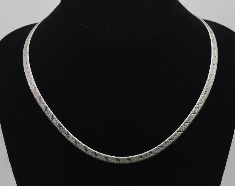 silver necklaces for women -silver necklaces for women -Vintage Italian Sterling Silver Diagonal Cut Herringbone Link Chain Necklace - 18"