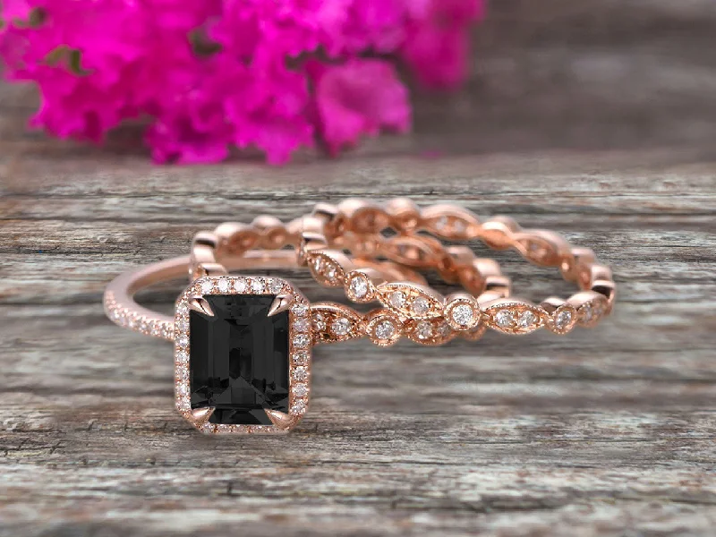 unique engagement rings for women -gemstone necklaces for women -Milgrain Trio Set Emerald Cut Black Diamond Moissanite Wedding Set Engagement Ring Anniversary Ring 14k Rose Gold Art Deco Shining Startling Ring