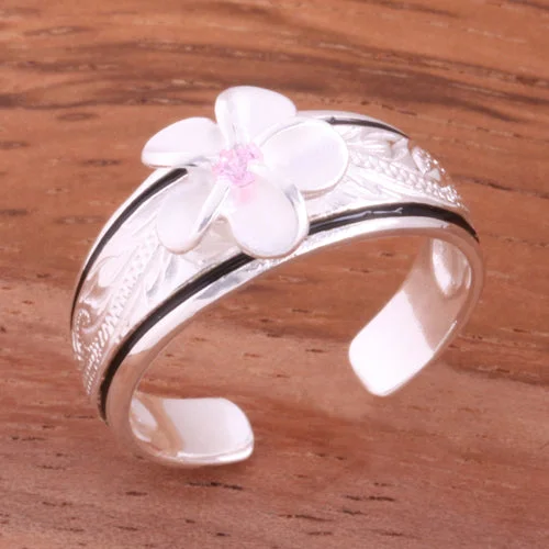 statement rings for women -adjustable necklaces for women -Hawaiian Scroll Black Border 8mm Plumeria with Pink CZ Smooth Edge Toe Ring